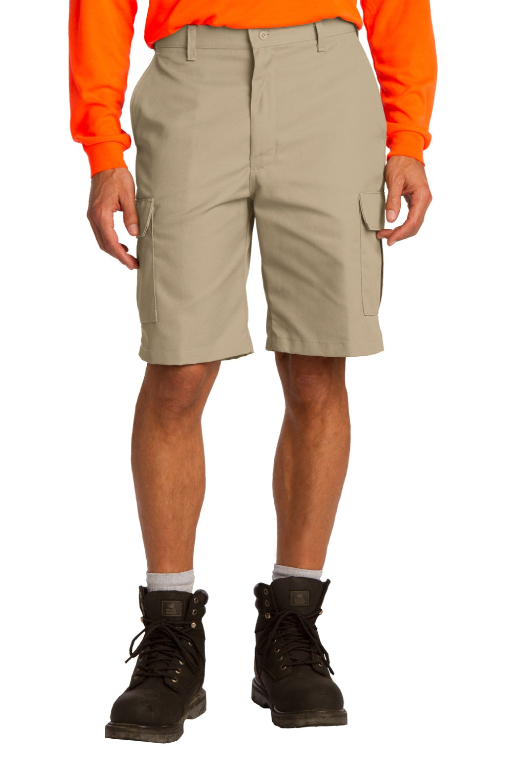 Red Kap PT66 Mens Industrial Stain Resistant Cargo Shorts w/ Pockets Khaki Brown Model Front