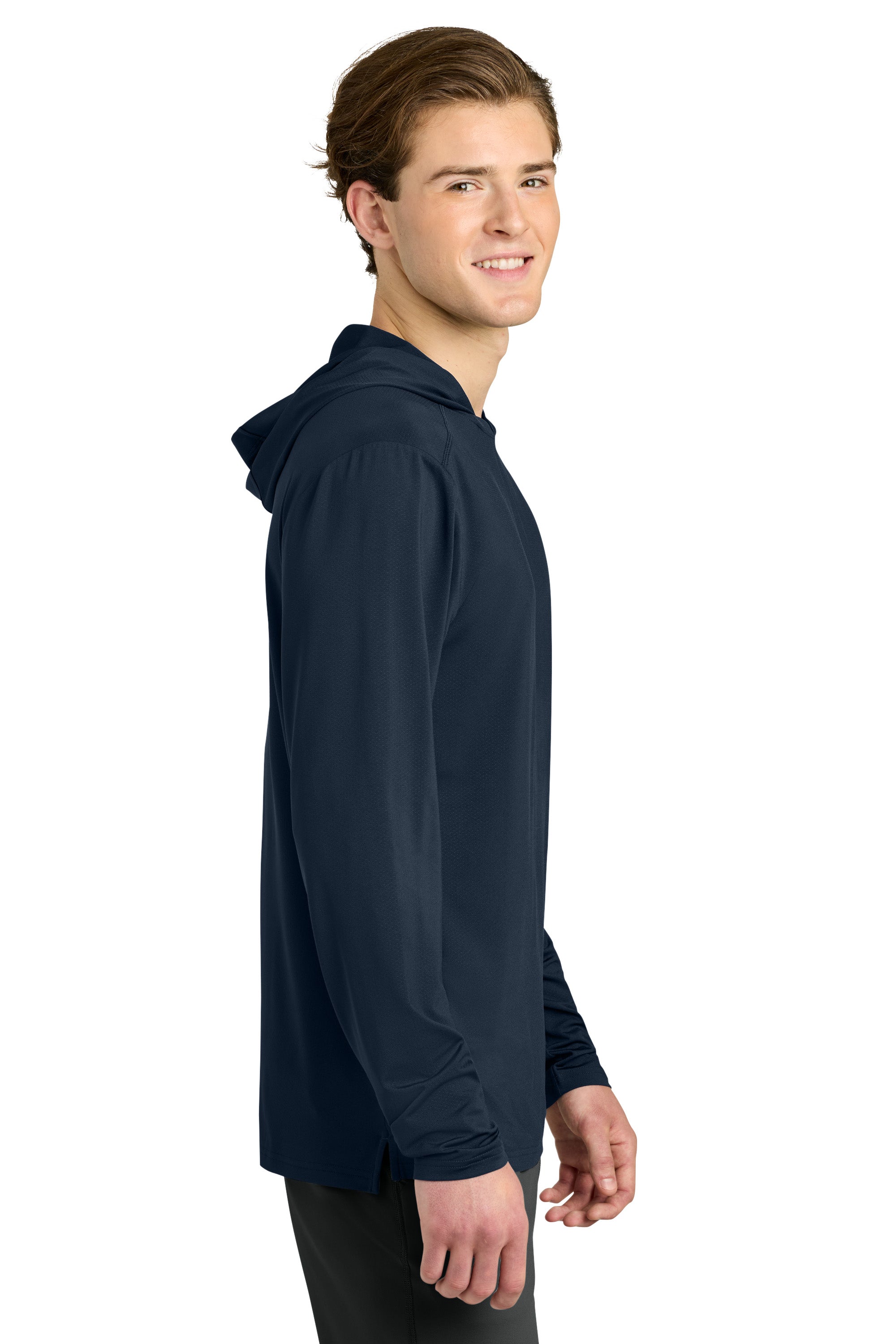 Richardson RA7110LSH Mens Clutch Long Sleeve Hooded T-Shirt Hoodie Navy Blue Model Side