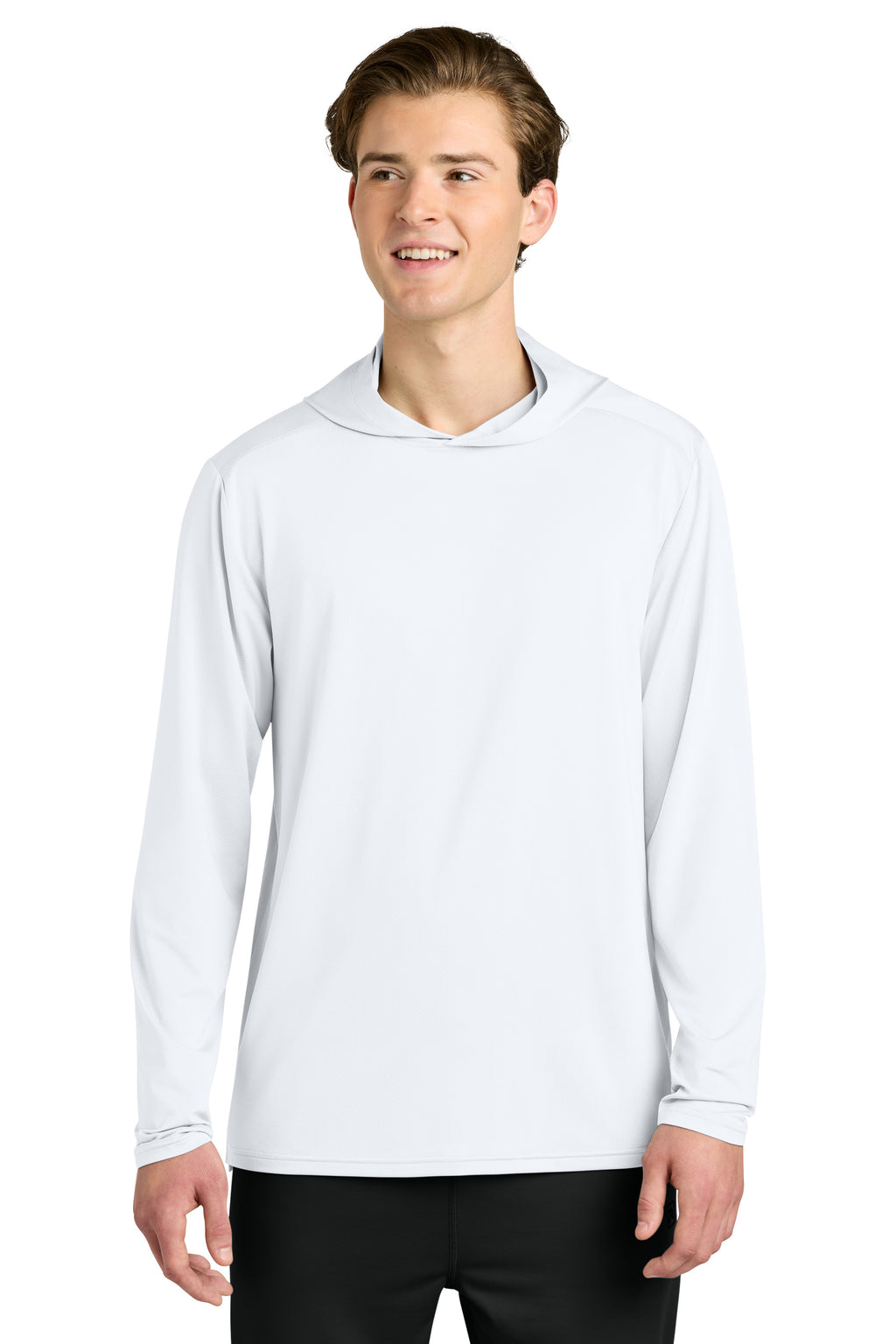 Richardson RA7110LSH Mens Clutch Long Sleeve Hooded T-Shirt Hoodie White Model Front