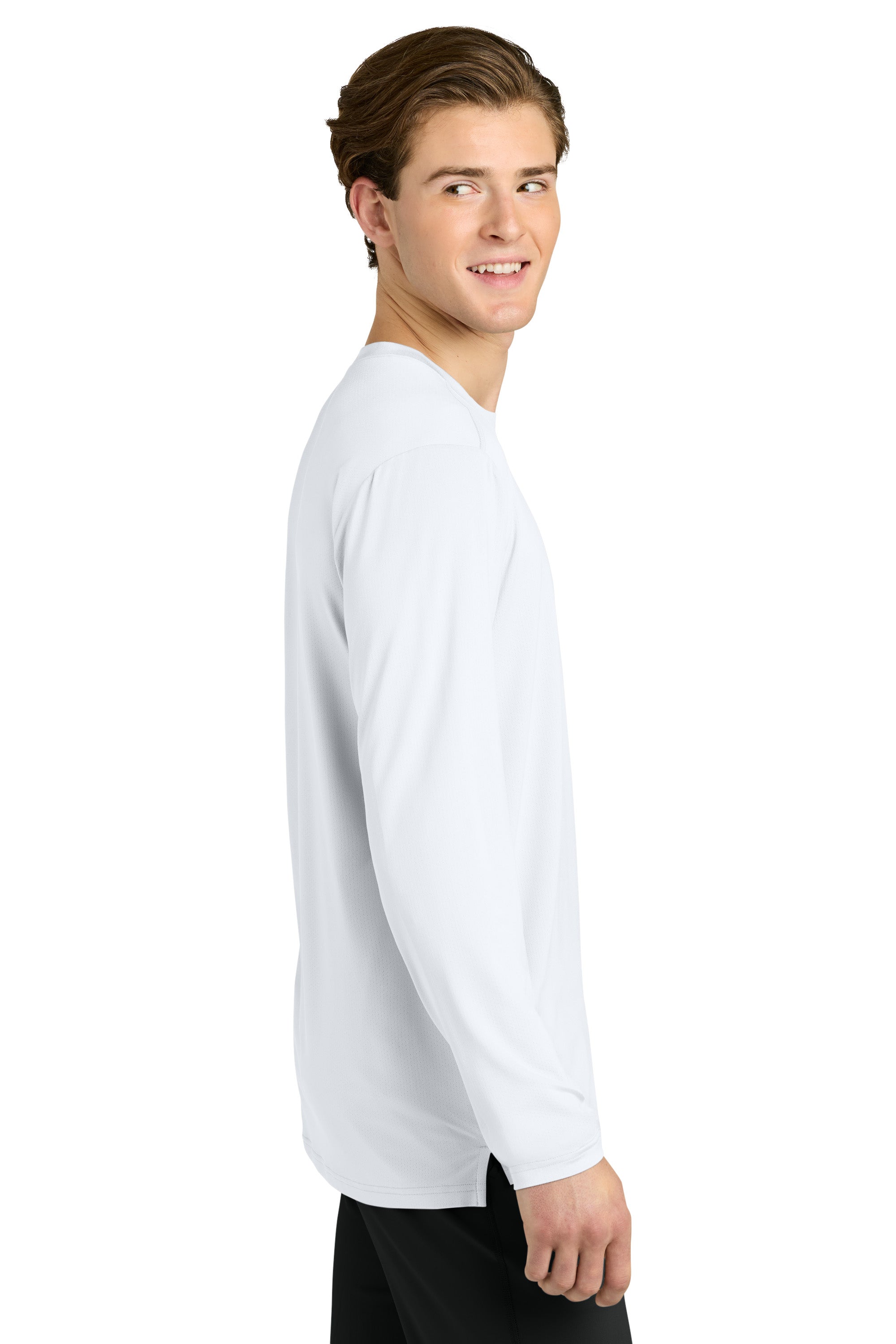 Richardson RA7110LS Mens Clutch Long Sleeve Crewneck T-Shirt White Model Side