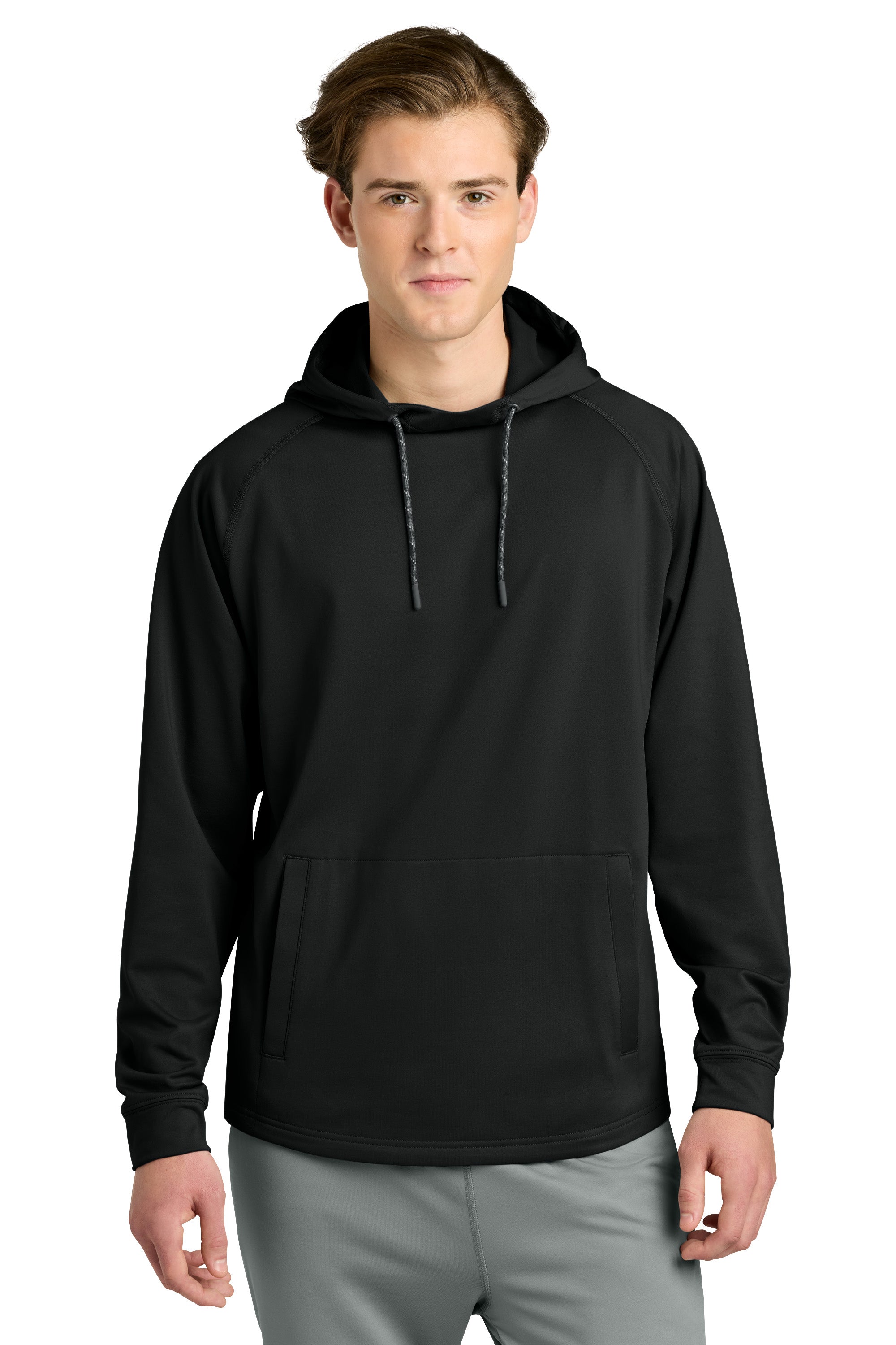 Richardson RA7200LSH Mens Charge Performance Fleece Hooded Sweatshirt Hoodie w/ Pouch Pocket Black Model Front