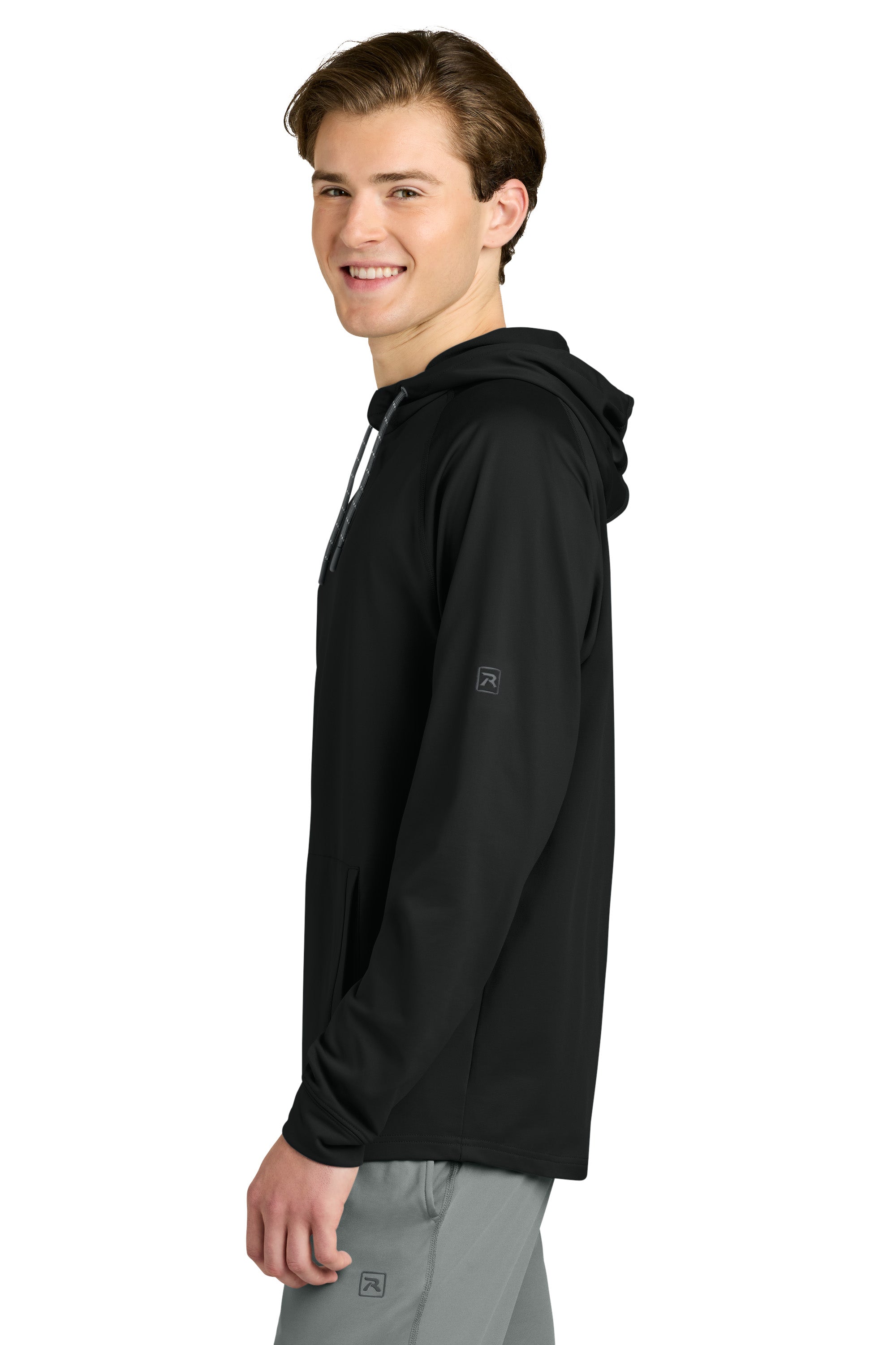 Richardson RA7200LSH Mens Charge Performance Fleece Hooded Sweatshirt Hoodie w/ Pouch Pocket Black Model Side