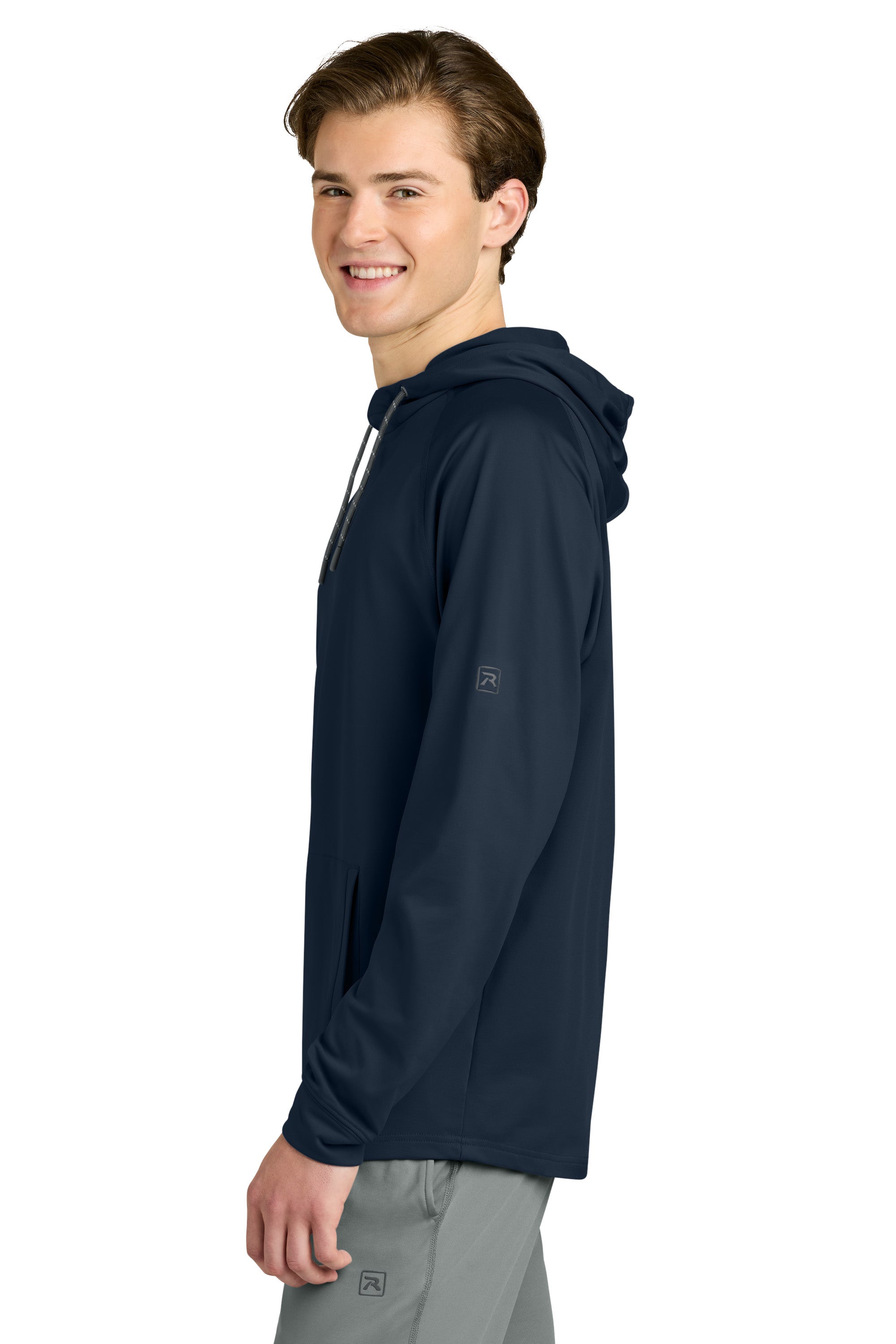 Richardson RA7200SSH Mens Charge Performance Fleece Short Sleeve Hooded Sweatshirt Hoodie w/ Pouch Pocket Navy Blue Model Side