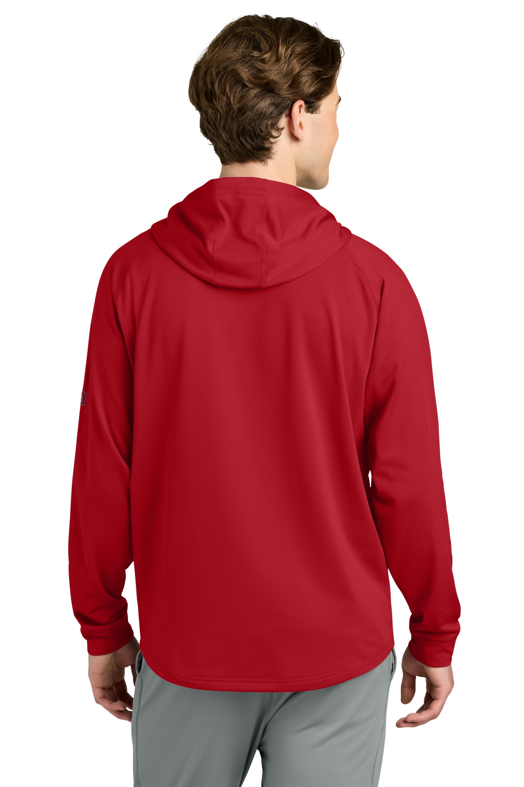 Richardson RA7200SSH Mens Charge Performance Fleece Short Sleeve Hooded Sweatshirt Hoodie w/ Pouch Pocket Red Model Back