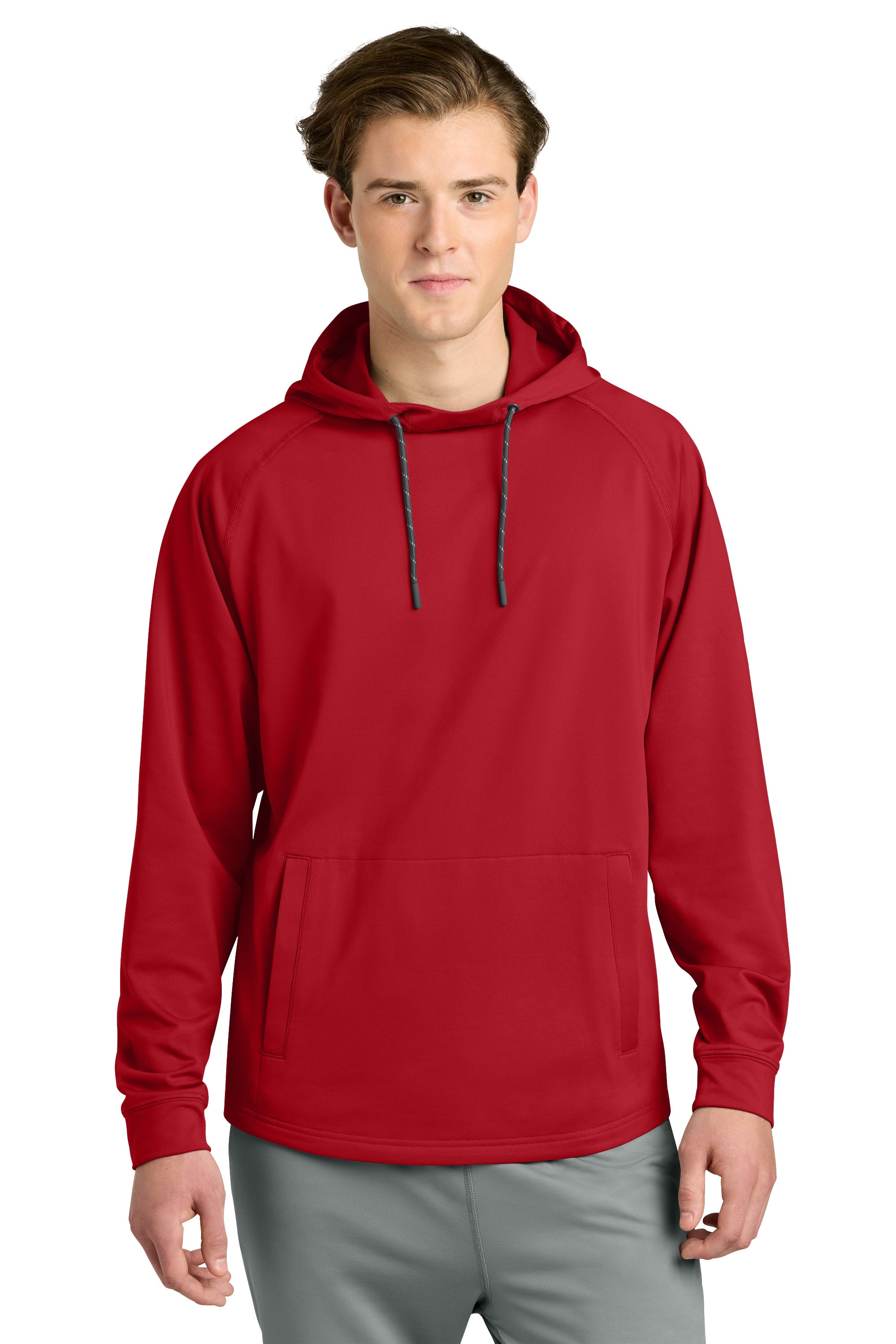 Richardson RA7200SSH Mens Charge Performance Fleece Short Sleeve Hooded Sweatshirt Hoodie w/ Pouch Pocket Red Model Front