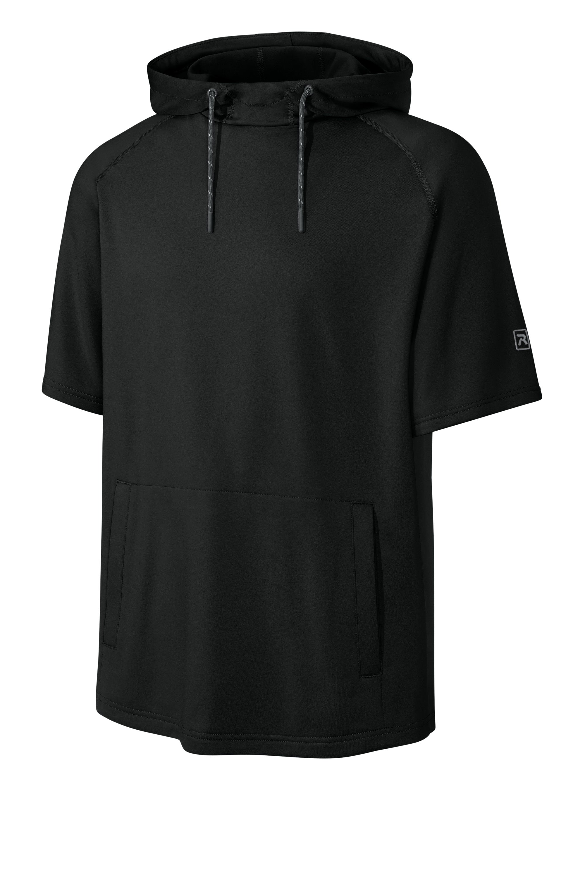 Richardson RA7200SSH Mens Charge Performance Fleece Short Sleeve Hooded Sweatshirt Hoodie w/ Pouch Pocket Black Form Front