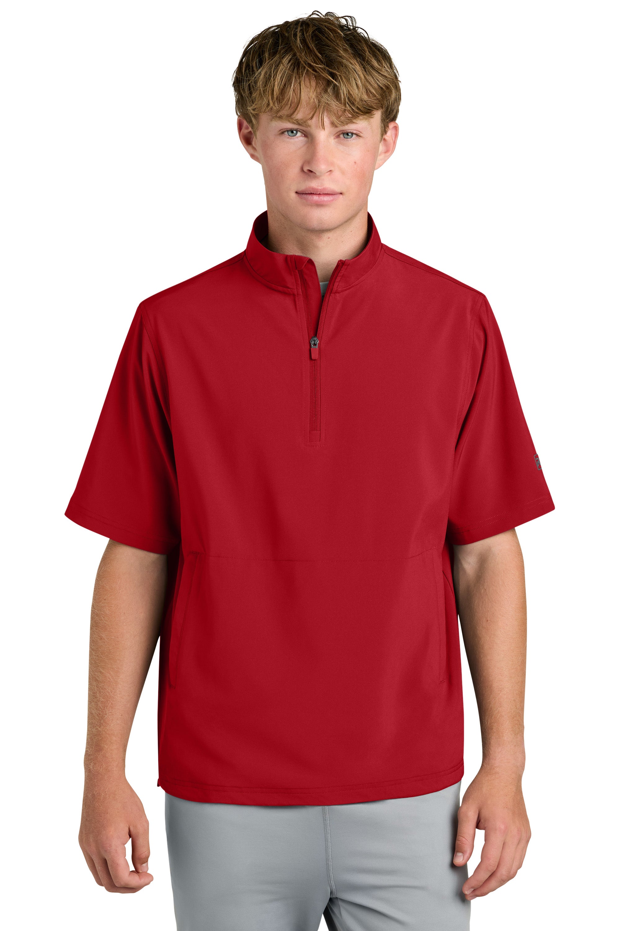 Richardson RA7400SSQ Mens Barrage Short Sleeve 1/4 Zip Wind Jacket Red Model Front