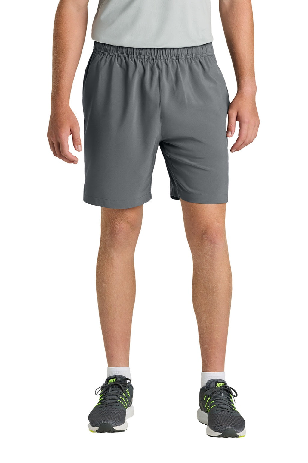 Richardson RA7401B Mens Barrage Stretch Woven Training Shorts w/ Pockets Charcoal Grey Model Front