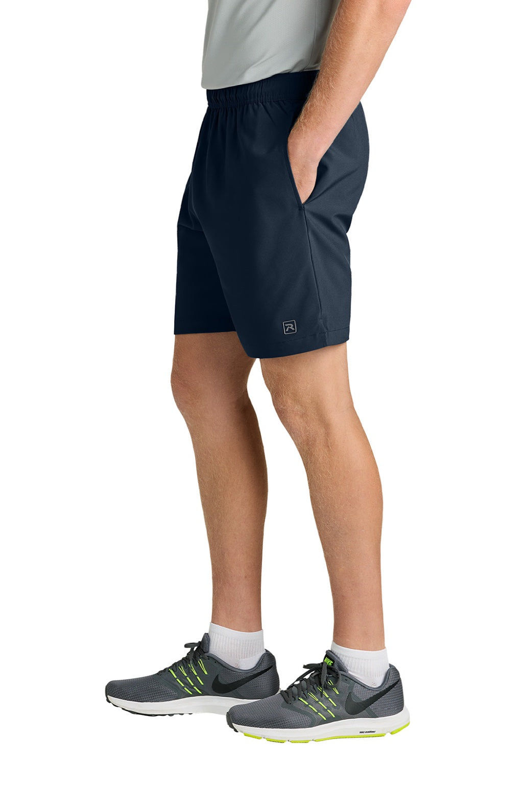 Richardson RA7401B Mens Barrage Stretch Woven Training Shorts w/ Pockets Navy Blue Model Side