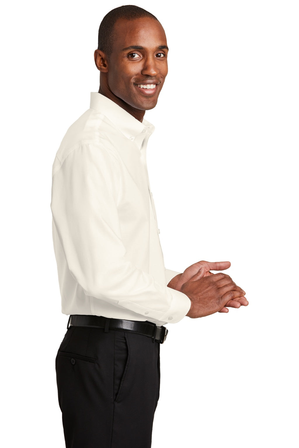 Red House RH240/TLRH240 Mens Pinpoint Oxford Wrinkle Resistant Long Sleeve Button Down Shirt w/ Pocket Ivory Chiffon White Model Side