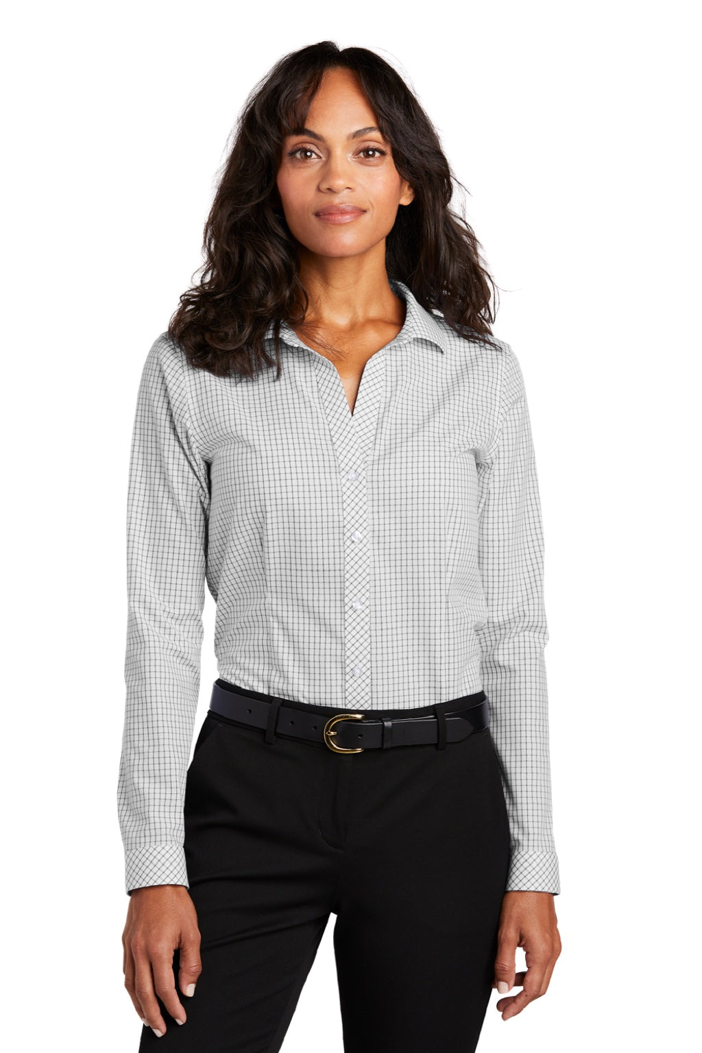 Red House RH86 Womens Check Wrinkle Resistant Long Sleeve Button Down Shirt Grey/White Model Front