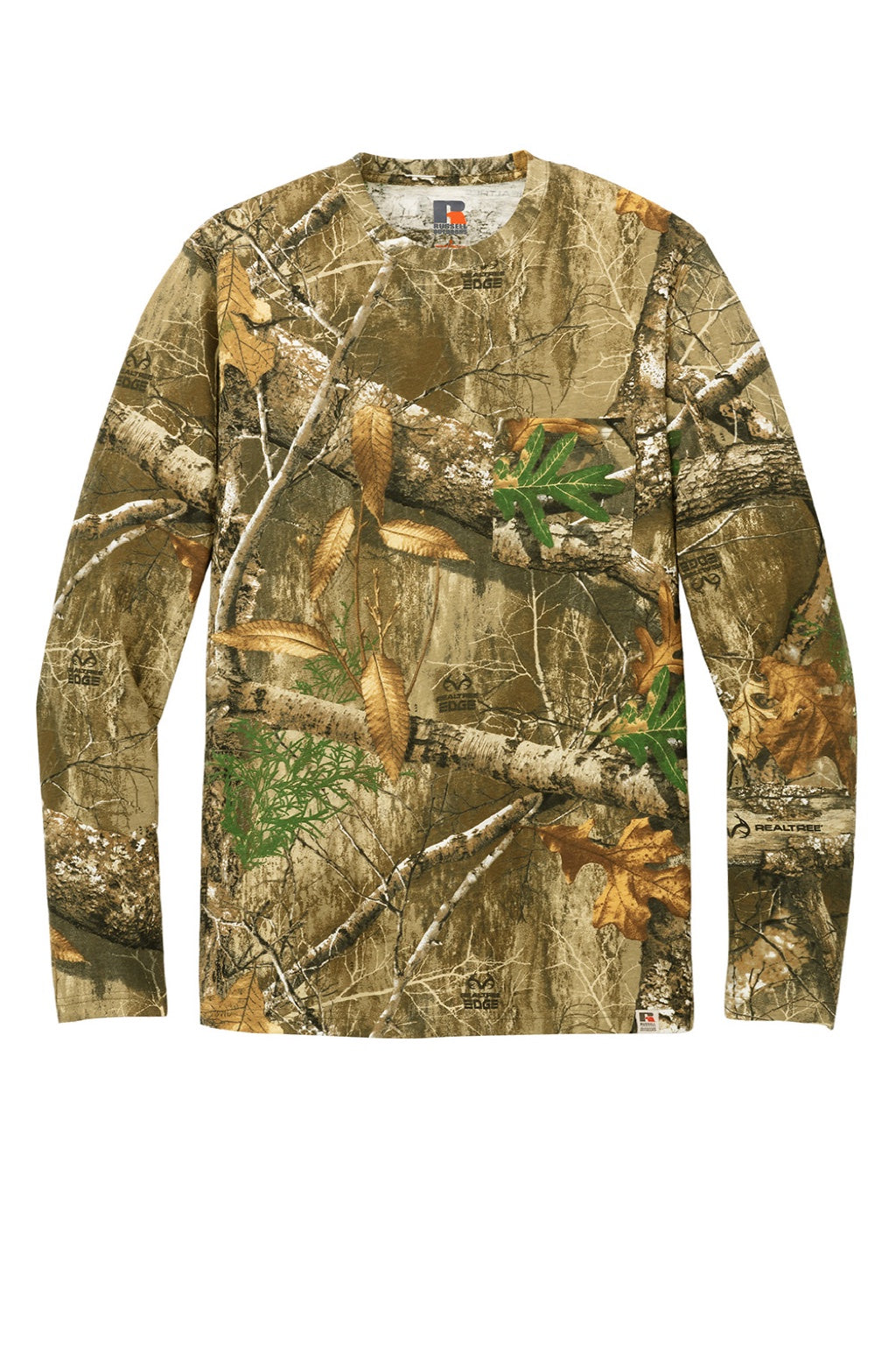 Russell Outdoors RU100LSP Mens Realtree Long Sleeve Crewneck T-Shirt w/ Pocket Realtree Edge Camo Flat Front