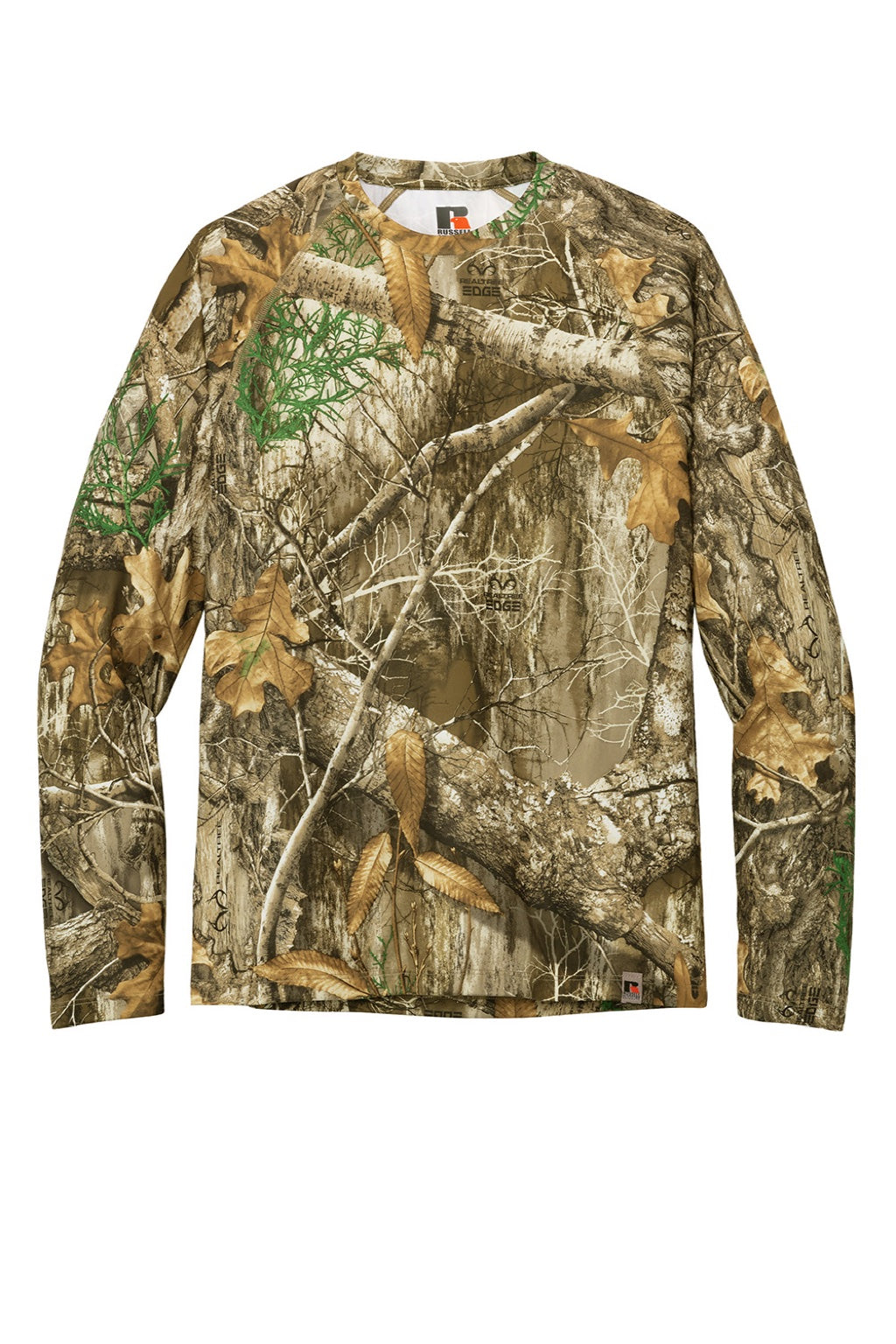 Russell Outdoors RU150LS Mens Realtree Moisture Wicking Long Sleeve Crewneck T-Shirt Realtree Edge Camo Flat Front