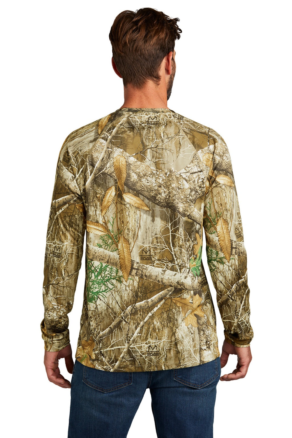Russell Outdoors RU150LS Mens Realtree Moisture Wicking Long Sleeve Crewneck T-Shirt Realtree Edge Camo Model Back