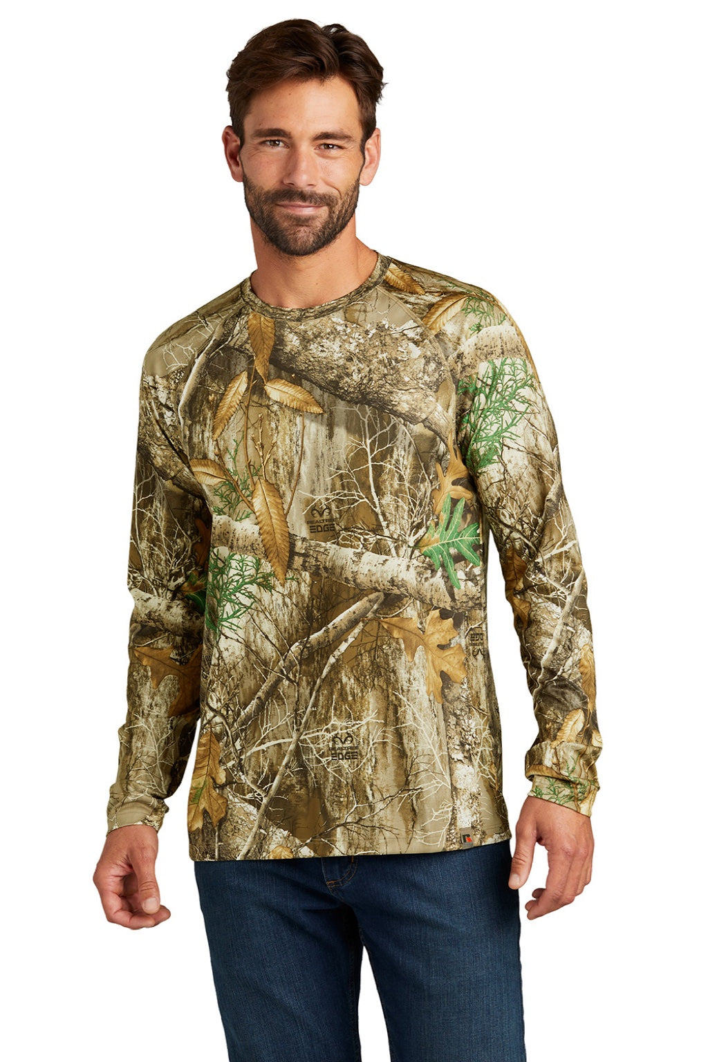 Russell Outdoors RU150LS Mens Realtree Moisture Wicking Long Sleeve Crewneck T-Shirt Realtree Edge Camo Model Front