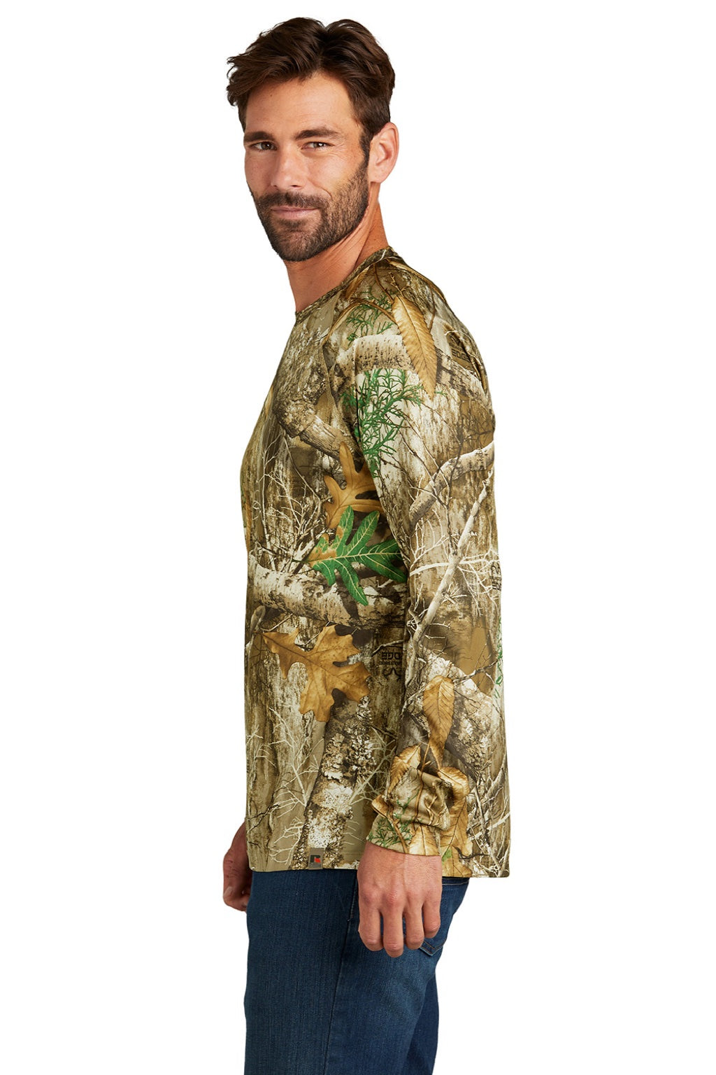 Russell Outdoors RU150LS Mens Realtree Moisture Wicking Long Sleeve Crewneck T-Shirt Realtree Edge Camo Model Side