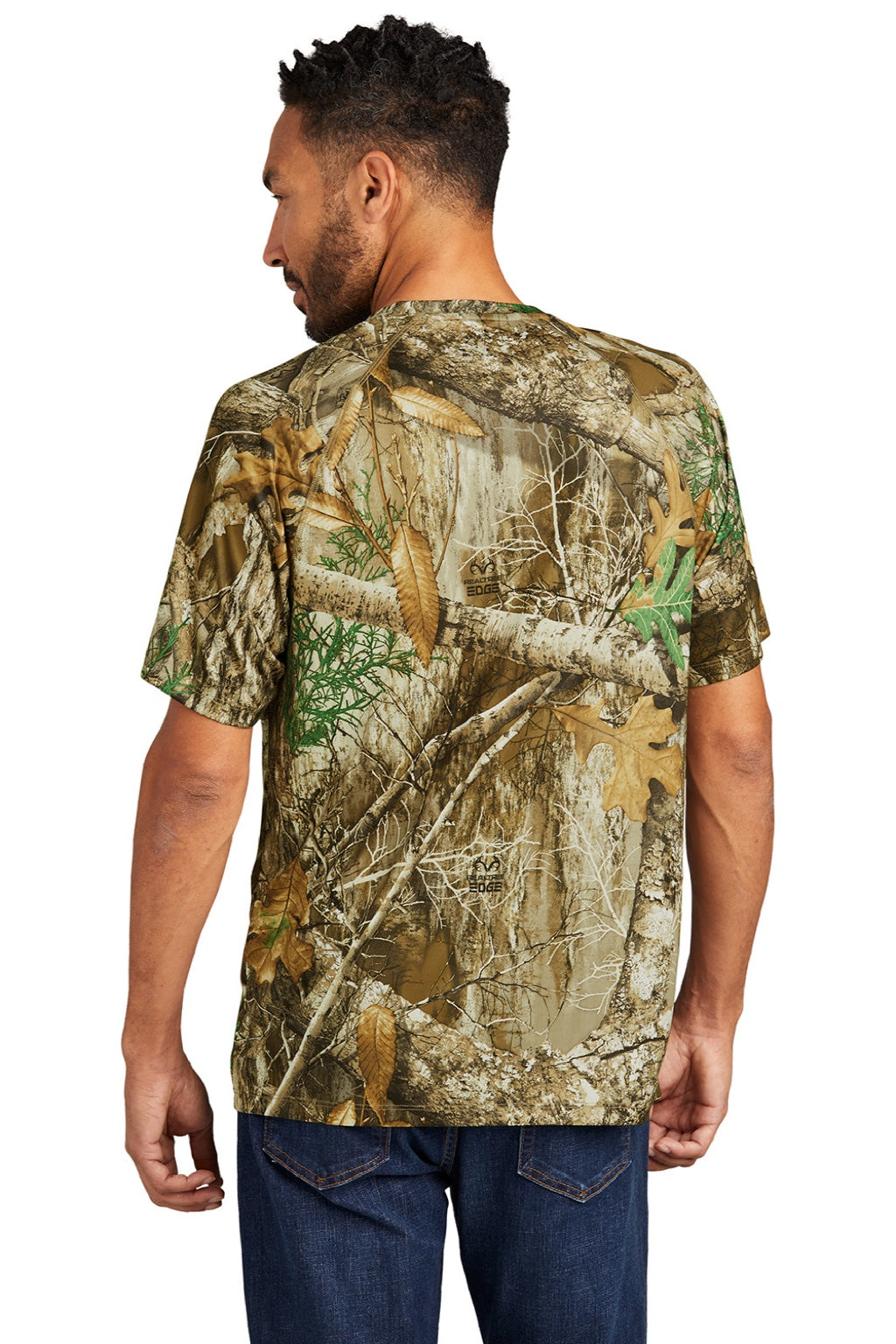 Russell Outdoors RU150 Mens Realtree Moisture Wicking Short Sleeve Crewneck T-Shirt Realtree Edge Camo Model Back