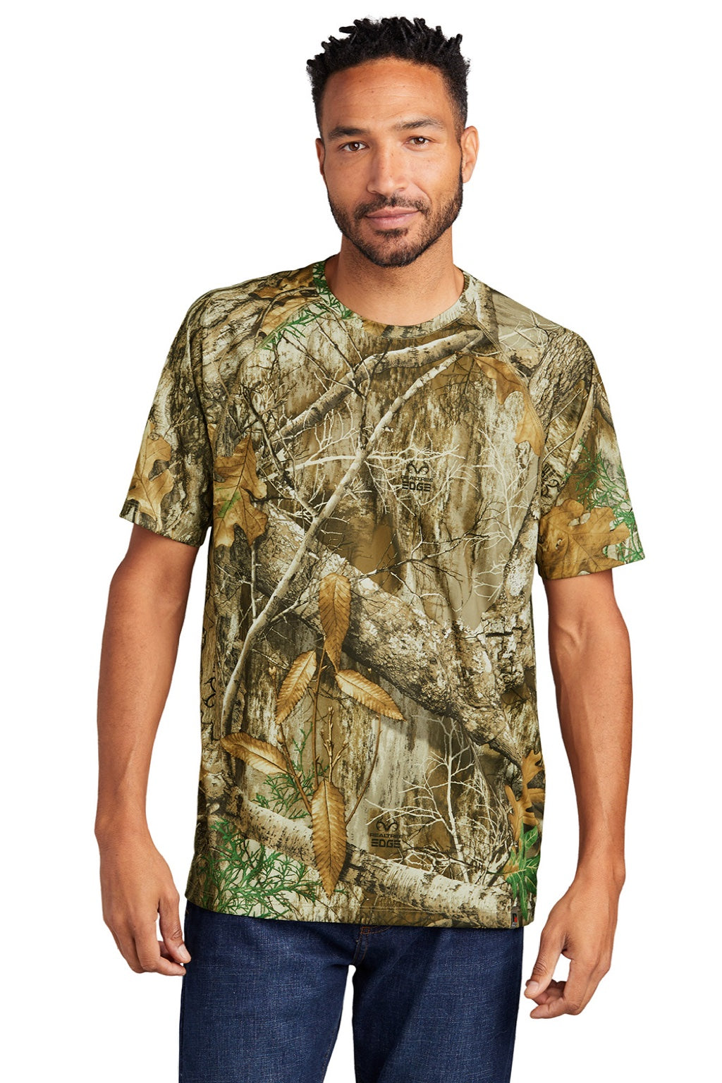 Russell Outdoors RU150 Mens Realtree Moisture Wicking Short Sleeve Crewneck T-Shirt Realtree Edge Camo Model Front