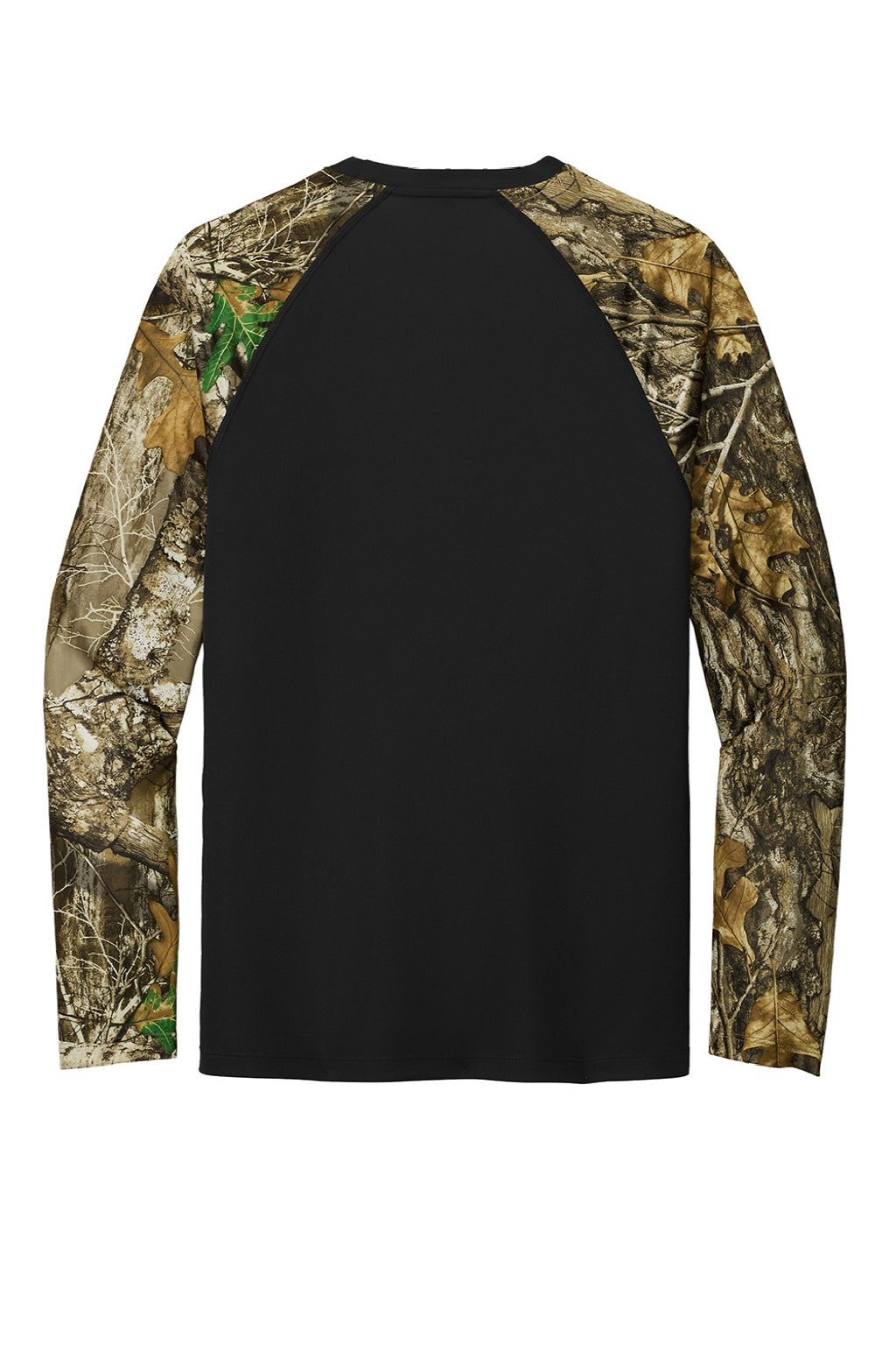 Russell Outdoors RU151LS Mens Realtree Colorblock Moisture Wicking Long Sleeve Crewneck T-Shirt Black/Realtree Edge Camo Flat Back