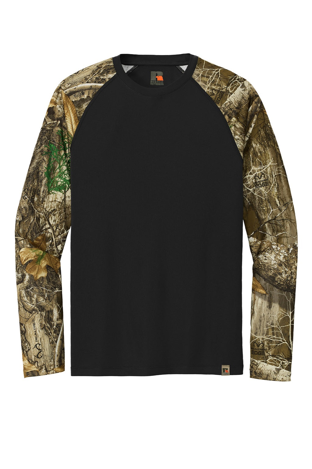 Russell Outdoors RU151LS Mens Realtree Colorblock Moisture Wicking Long Sleeve Crewneck T-Shirt Black/Realtree Edge Camo Flat Front