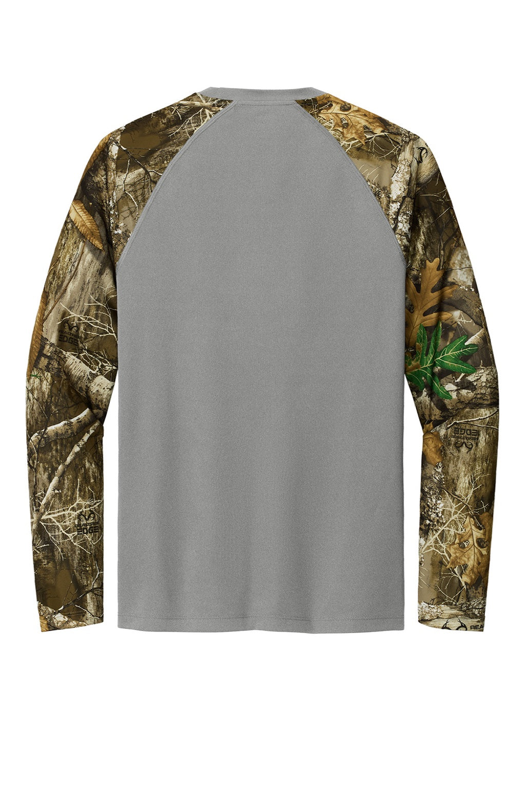 Russell Outdoors RU151LS Mens Realtree Colorblock Moisture Wicking Long Sleeve Crewneck T-Shirt Heather Concrete Grey/Realtree Edge Camo Flat Back