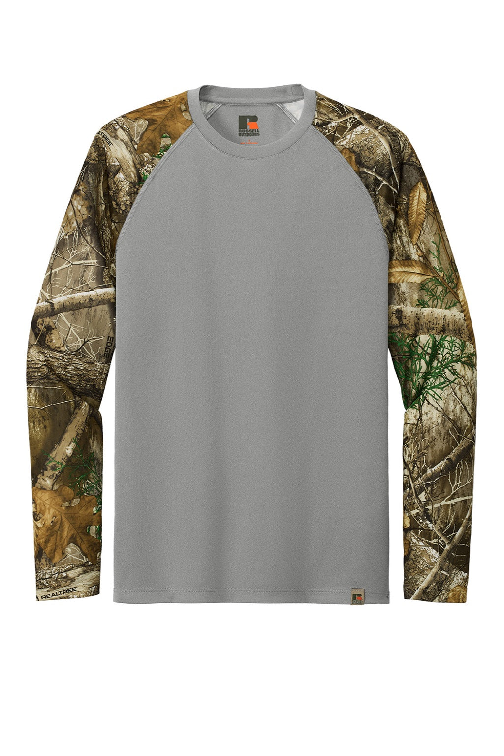 Russell Outdoors RU151LS Mens Realtree Colorblock Moisture Wicking Long Sleeve Crewneck T-Shirt Heather Concrete Grey/Realtree Edge Camo Flat Front
