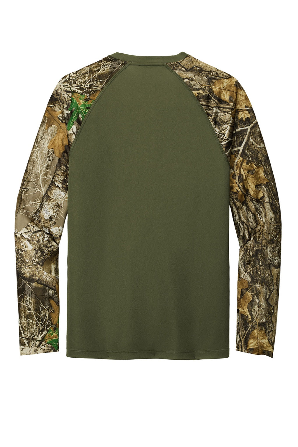 Russell Outdoors RU151LS Mens Realtree Colorblock Moisture Wicking Long Sleeve Crewneck T-Shirt Olive Drab Green/Realtree Edge Camo Flat Back