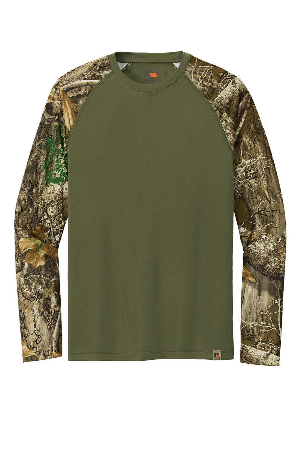 Russell Outdoors RU151LS Mens Realtree Colorblock Moisture Wicking Long Sleeve Crewneck T-Shirt Olive Drab Green/Realtree Edge Camo Flat Front