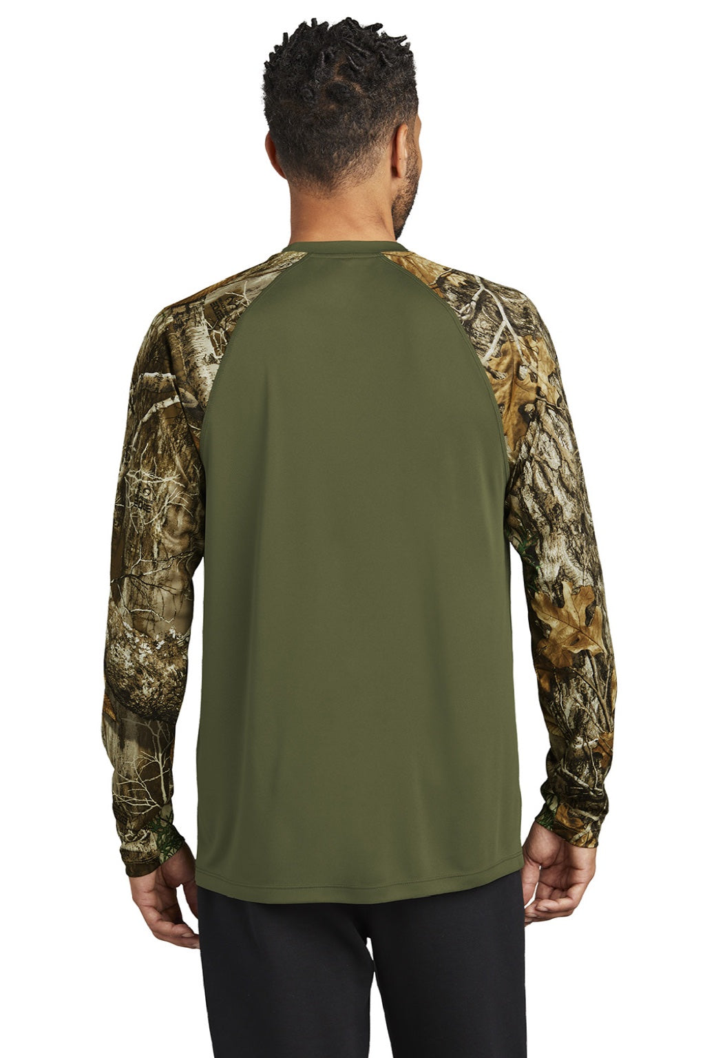 Russell Outdoors RU151LS Mens Realtree Colorblock Moisture Wicking Long Sleeve Crewneck T-Shirt Olive Drab Green/Realtree Edge Camo Model Back