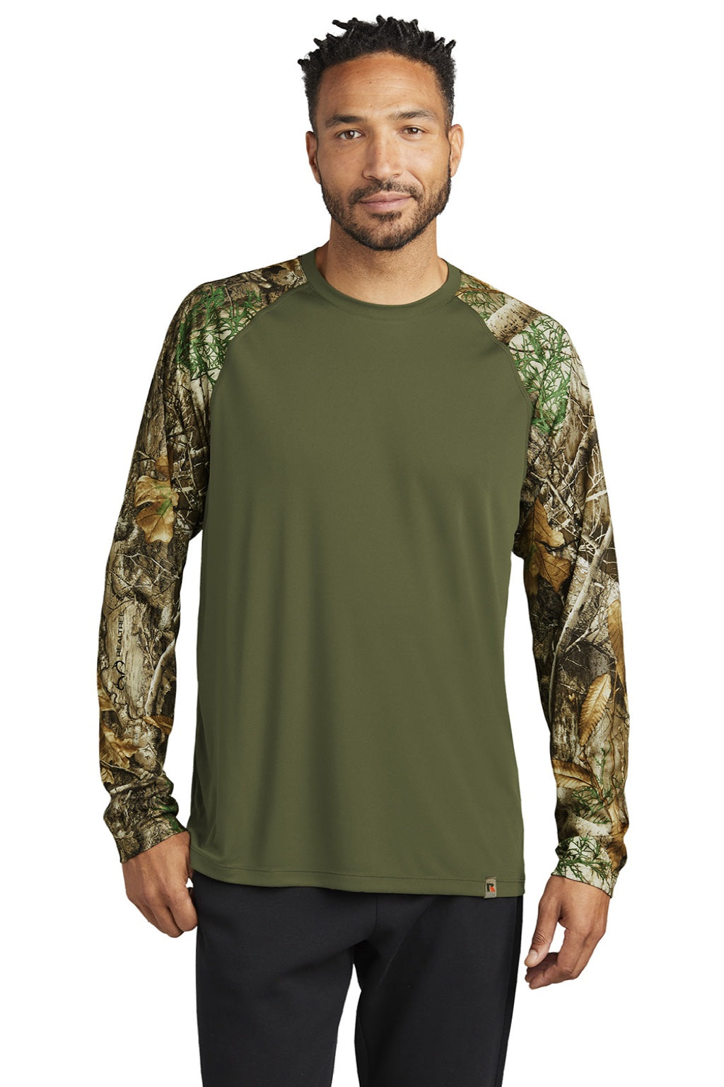 Russell Outdoors RU151LS Mens Realtree Colorblock Moisture Wicking Long Sleeve Crewneck T-Shirt Olive Drab Green/Realtree Edge Camo Model Front