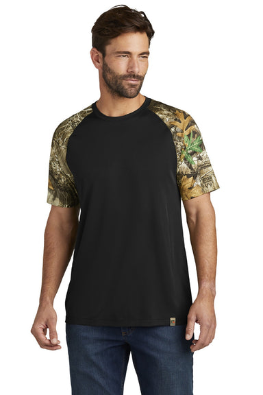 Russell Outdoors RU151 Mens Realtree Colorblock Moisture Wicking Short Sleeve Crewneck T-Shirt Black/Realtree Edge Camo Model Front