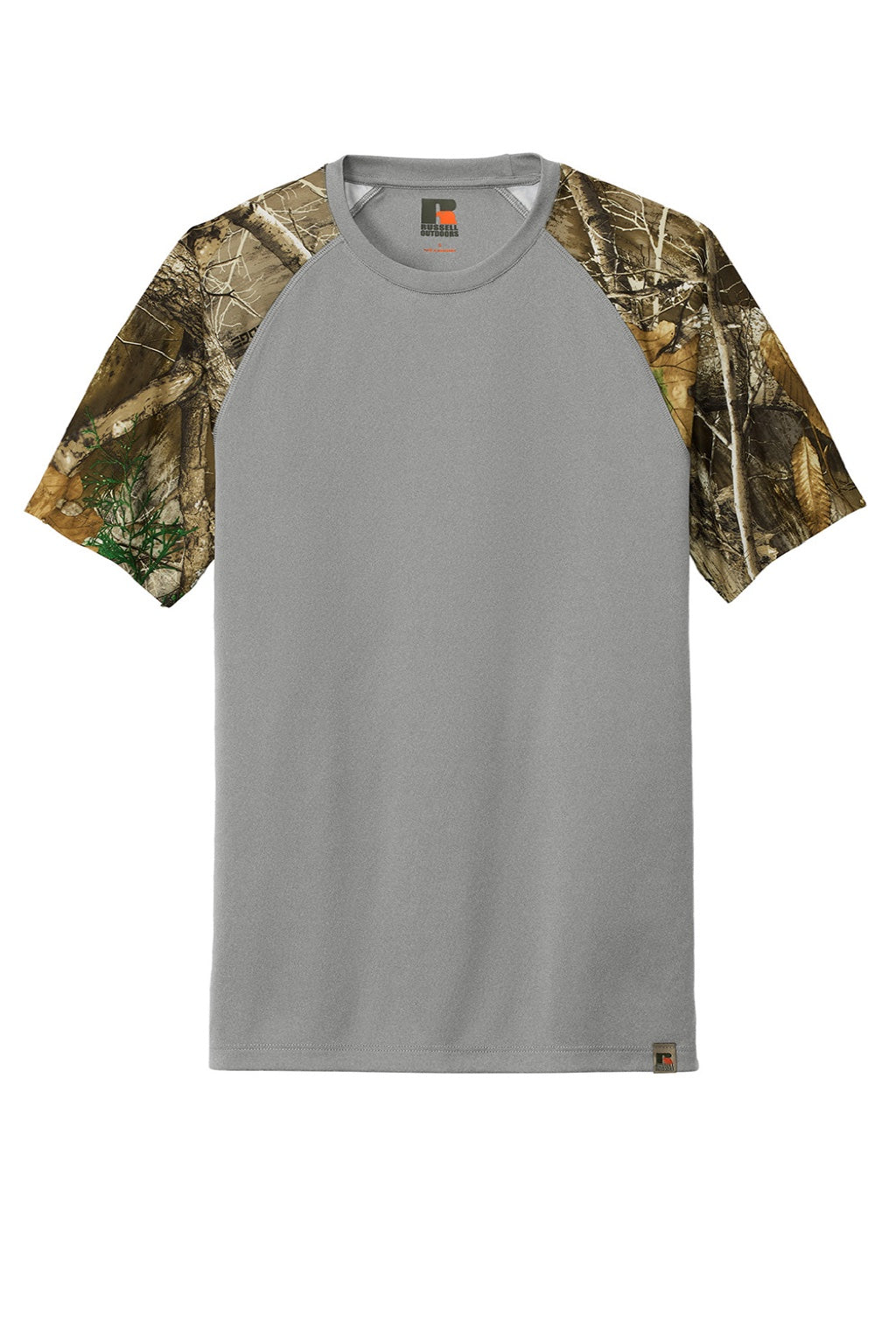 Russell Outdoors RU151 Mens Realtree Colorblock Moisture Wicking Short Sleeve Crewneck T-Shirt Heather Concrete Grey/Realtree Edge Camo Flat Front