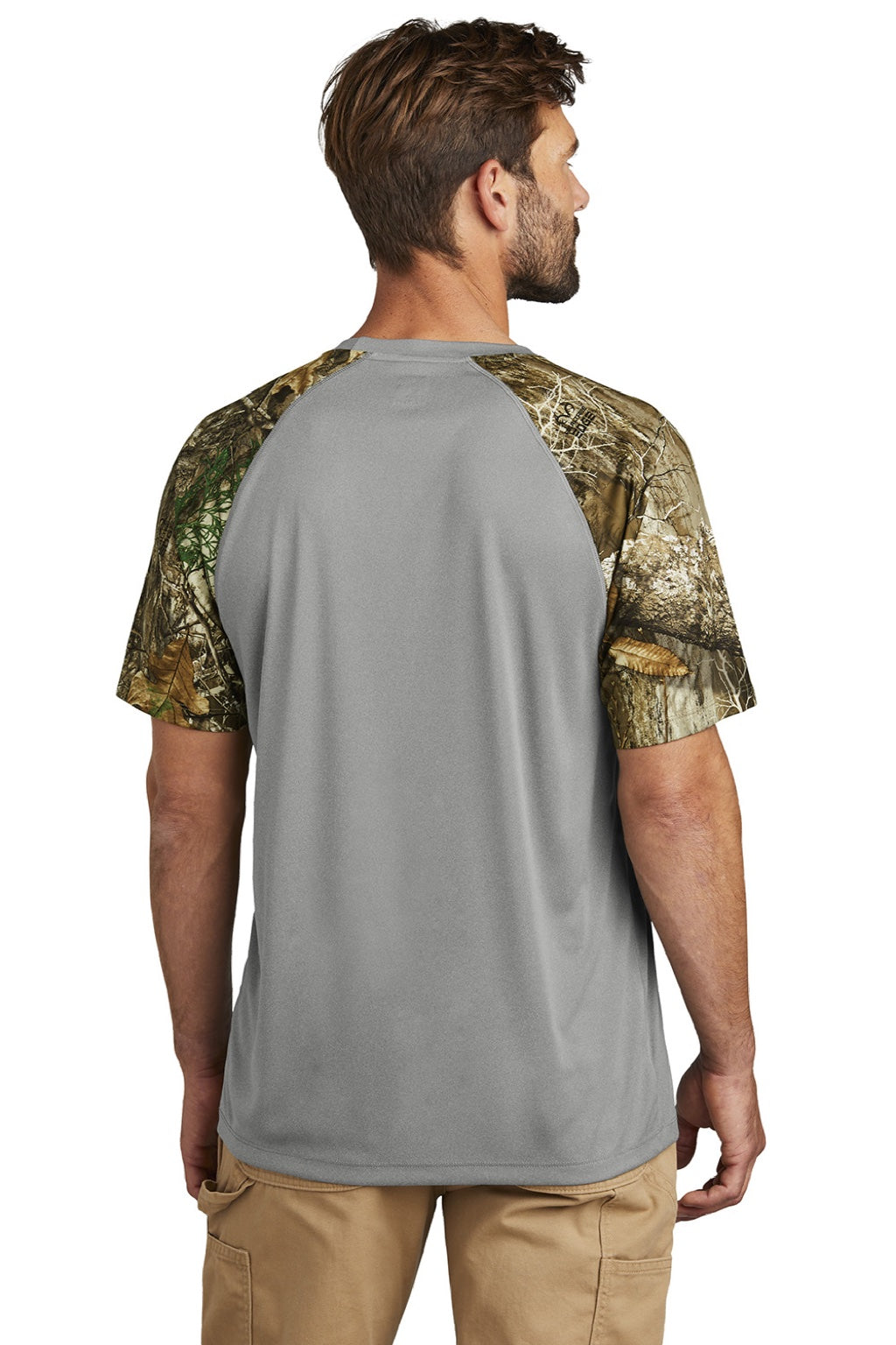 Russell Outdoors RU151 Mens Realtree Colorblock Moisture Wicking Short Sleeve Crewneck T-Shirt Heather Concrete Grey/Realtree Edge Camo Model Back
