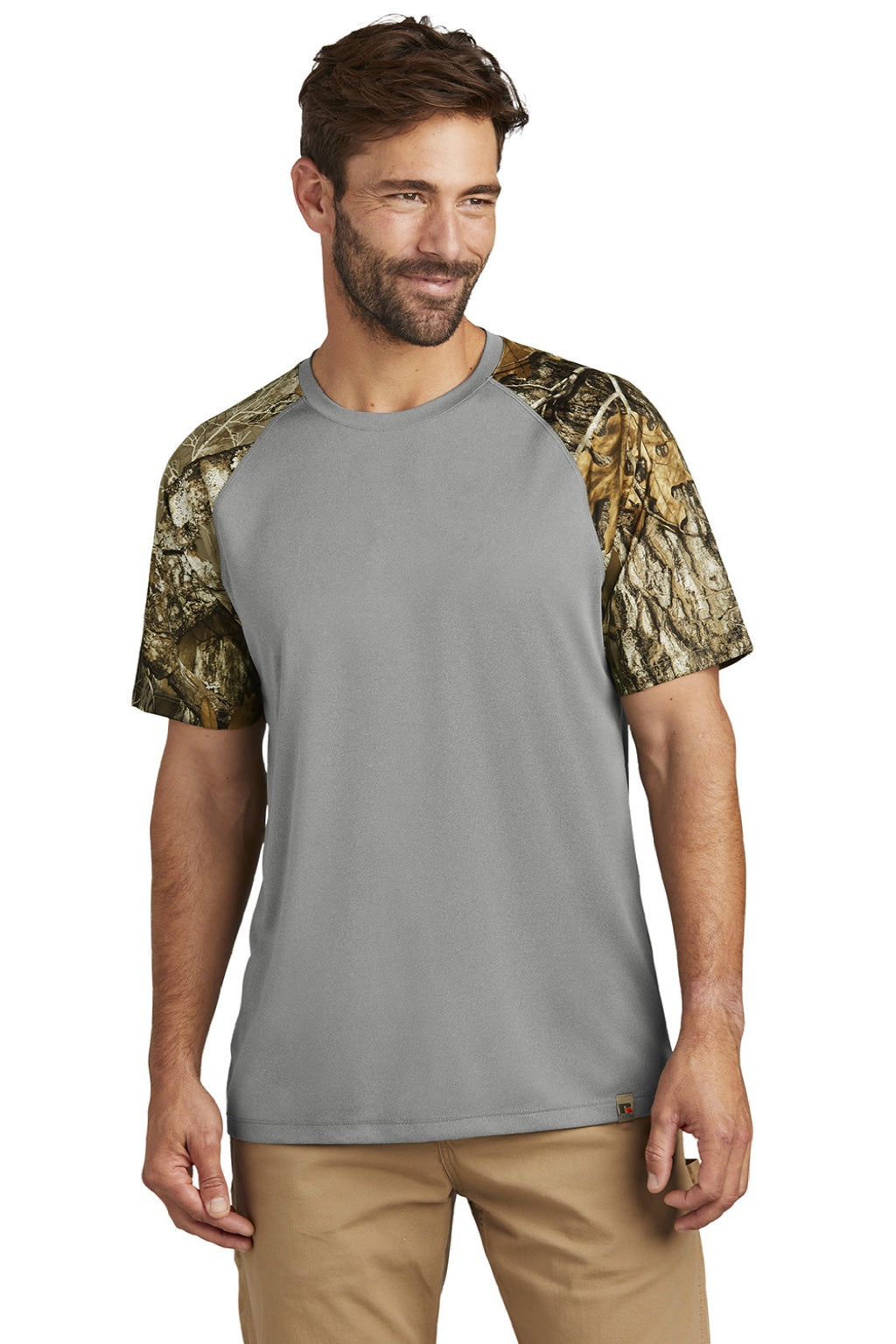 Russell Outdoors RU151 Mens Realtree Colorblock Moisture Wicking Short Sleeve Crewneck T-Shirt Heather Concrete Grey/Realtree Edge Camo Model Front