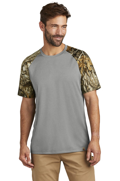 Russell Outdoors RU151 Mens Realtree Colorblock Moisture Wicking Short Sleeve Crewneck T-Shirt Heather Concrete Grey/Realtree Edge Camo Model Front