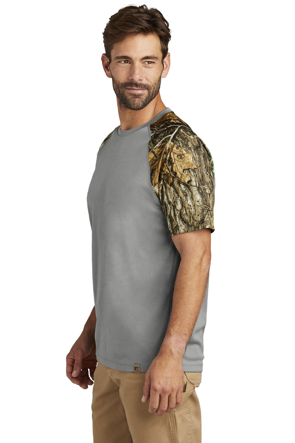 Russell Outdoors RU151 Mens Realtree Colorblock Moisture Wicking Short Sleeve Crewneck T-Shirt Heather Concrete Grey/Realtree Edge Camo Model Side