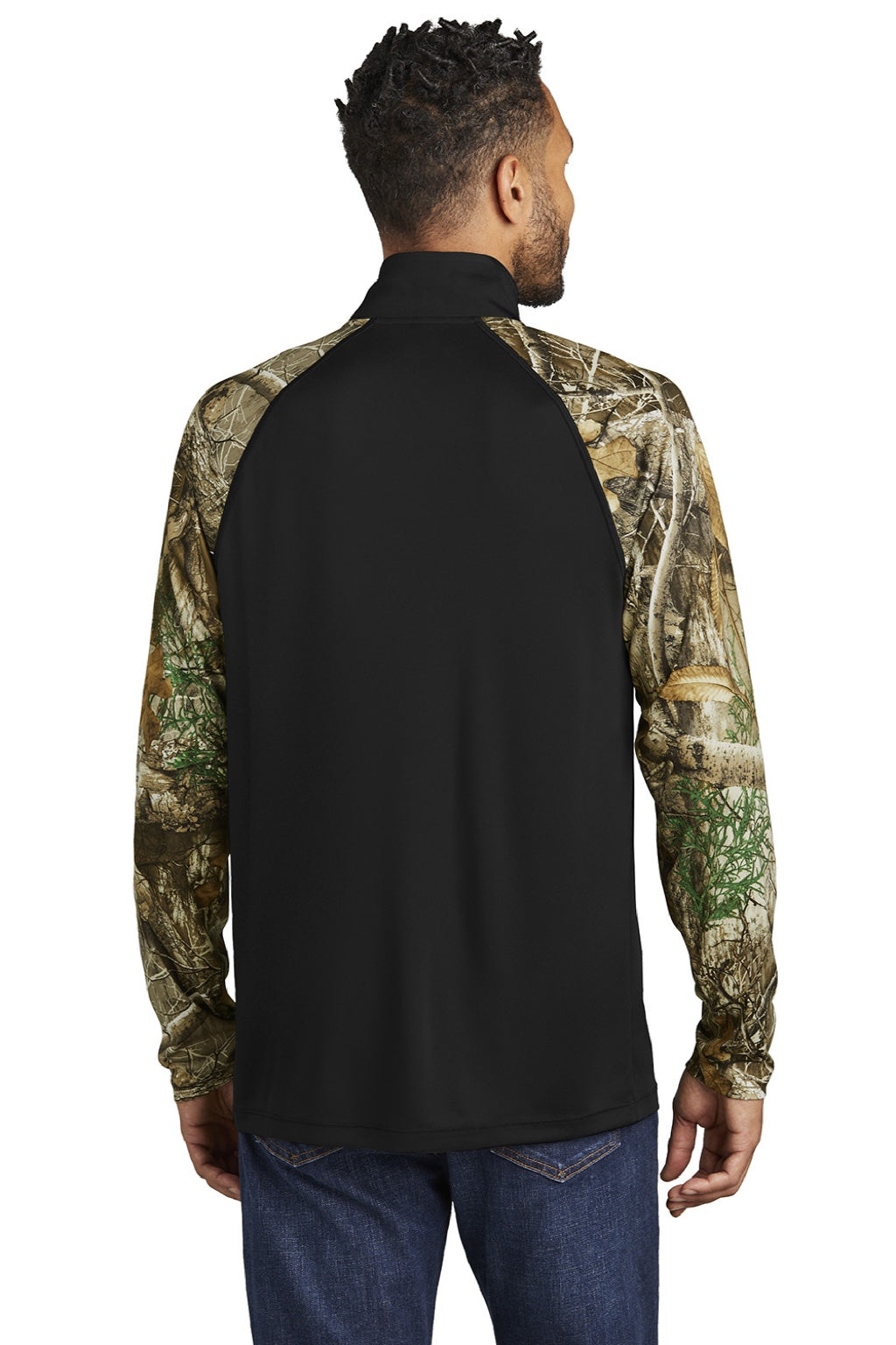 Russell Outdoors RU152 Mens Realtree Colorblock Moisture Wicking 1/4 Zip Sweatshirt Black/Realtree Edge Camo Model Back