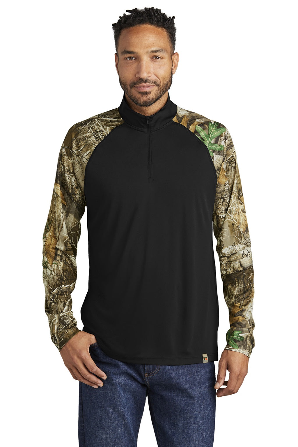 Russell Outdoors RU152 Mens Realtree Colorblock Moisture Wicking 1/4 Zip Sweatshirt Black/Realtree Edge Camo Model Front