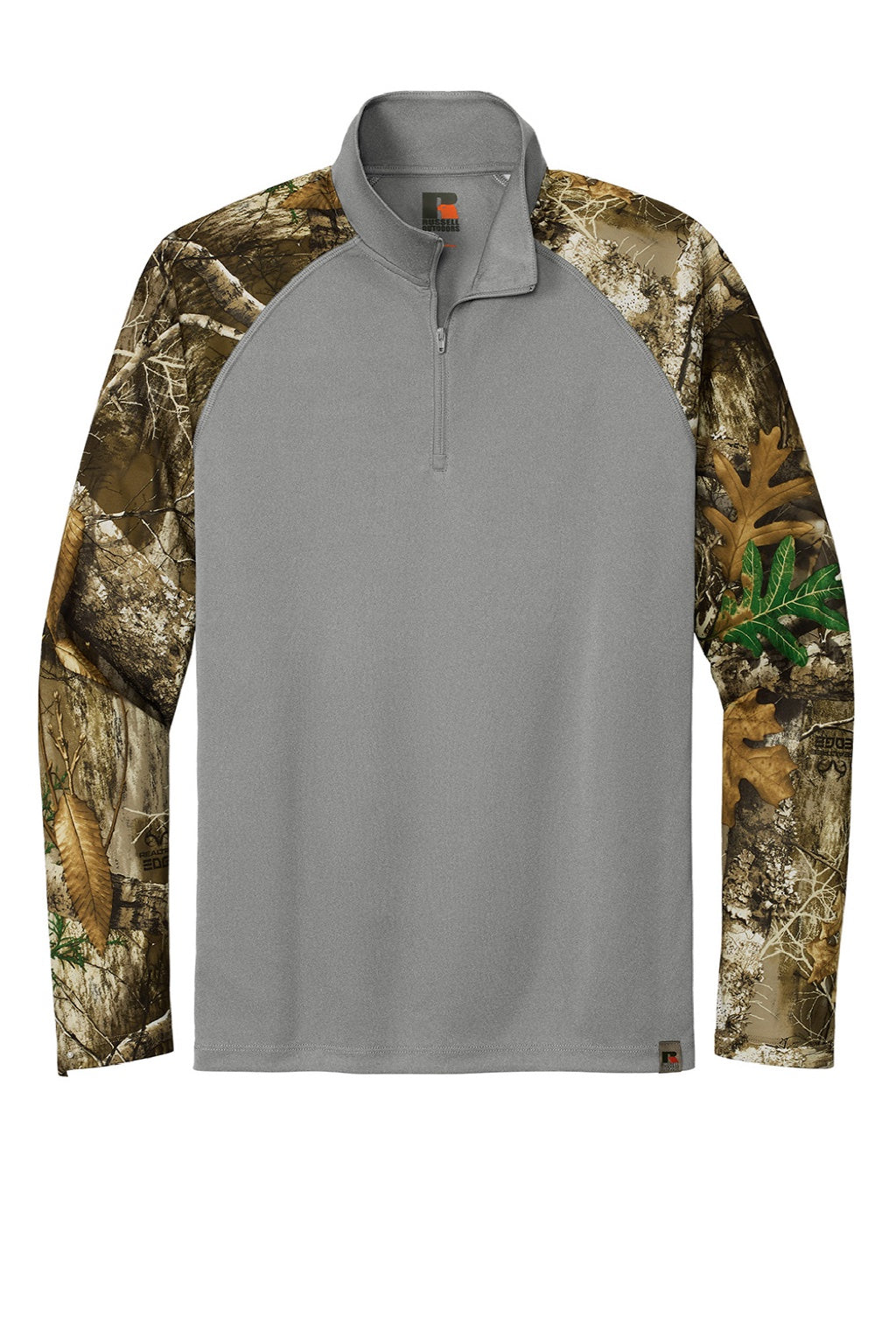 Russell Outdoors RU152 Mens Realtree Colorblock Moisture Wicking 1/4 Zip Sweatshirt Heather Concrete Grey/Realtree Edge Camo Flat Front