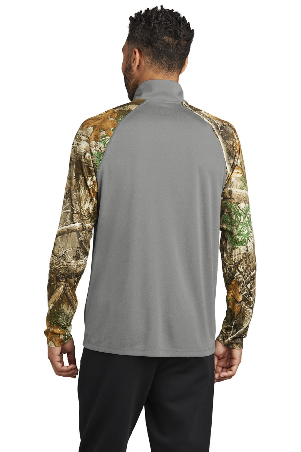 Russell Outdoors RU152 Mens Realtree Colorblock Moisture Wicking 1/4 Zip Sweatshirt Heather Concrete Grey/Realtree Edge Camo Model Back