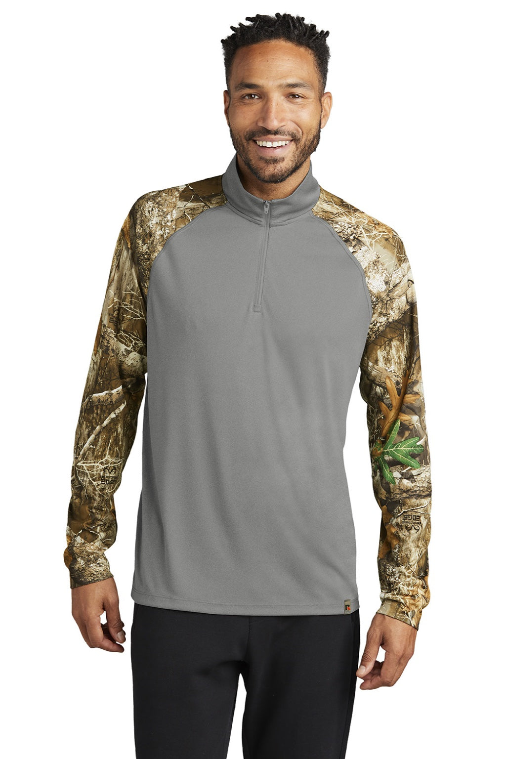 Russell Outdoors RU152 Mens Realtree Colorblock Moisture Wicking 1/4 Zip Sweatshirt Heather Concrete Grey/Realtree Edge Camo Model Front