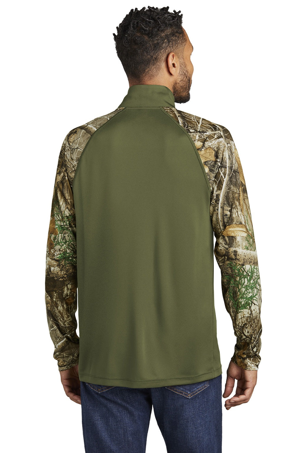 Russell Outdoors RU152 Mens Realtree Colorblock Moisture Wicking 1/4 Zip Sweatshirt Olive Drab Green/Realtree Edge Camo Model Back