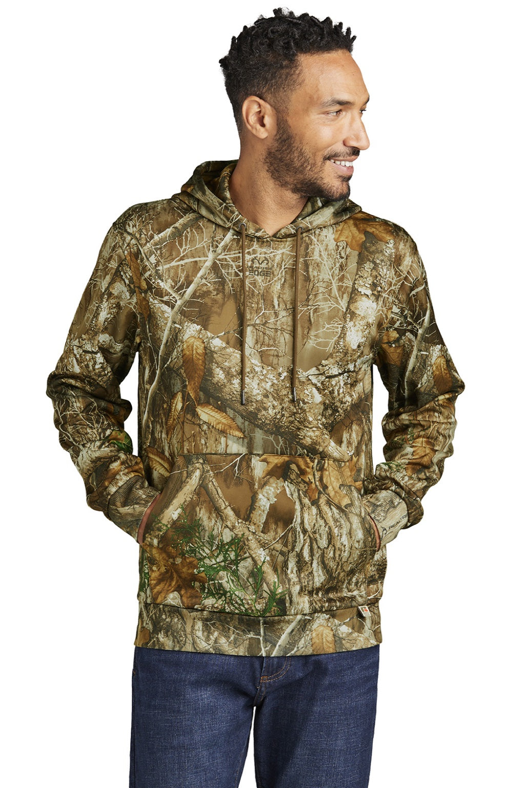 Russell Outdoors RU400 Mens Realtree Hooded Sweatshirt Hoodie w/ Pouch Pocket Realtree Edge Camo Model Front