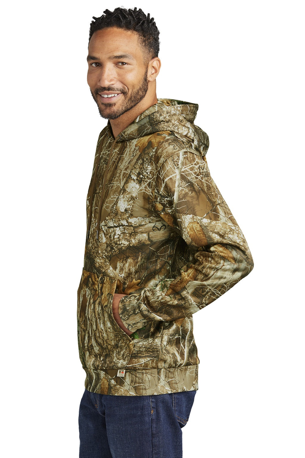 Russell Outdoors RU400 Mens Realtree Hooded Sweatshirt Hoodie w/ Pouch Pocket Realtree Edge Camo Model Side