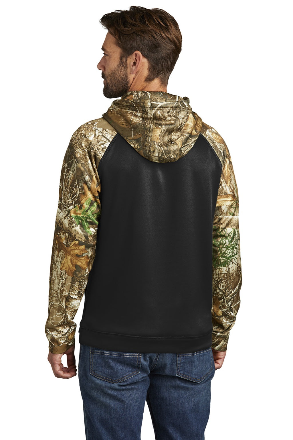 Russell Outdoors RU451 Mens Realtree Colorblock Moisture Wicking Hooded Sweatshirt Hoodie w/ Pouch Pocket Black/Realtree Edge Camo Model Back