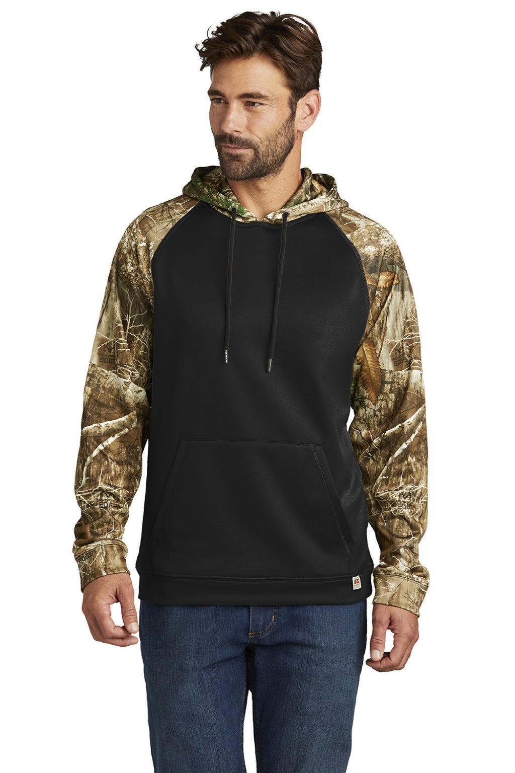 Russell Outdoors RU451 Mens Realtree Colorblock Moisture Wicking Hooded Sweatshirt Hoodie w/ Pouch Pocket Black/Realtree Edge Camo Model Front