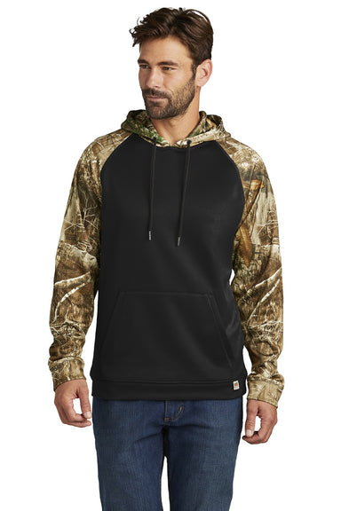 Russell Outdoors RU451 Mens Realtree Colorblock Moisture Wicking Hooded Sweatshirt Hoodie w/ Pouch Pocket Black/Realtree Edge Camo Model Front