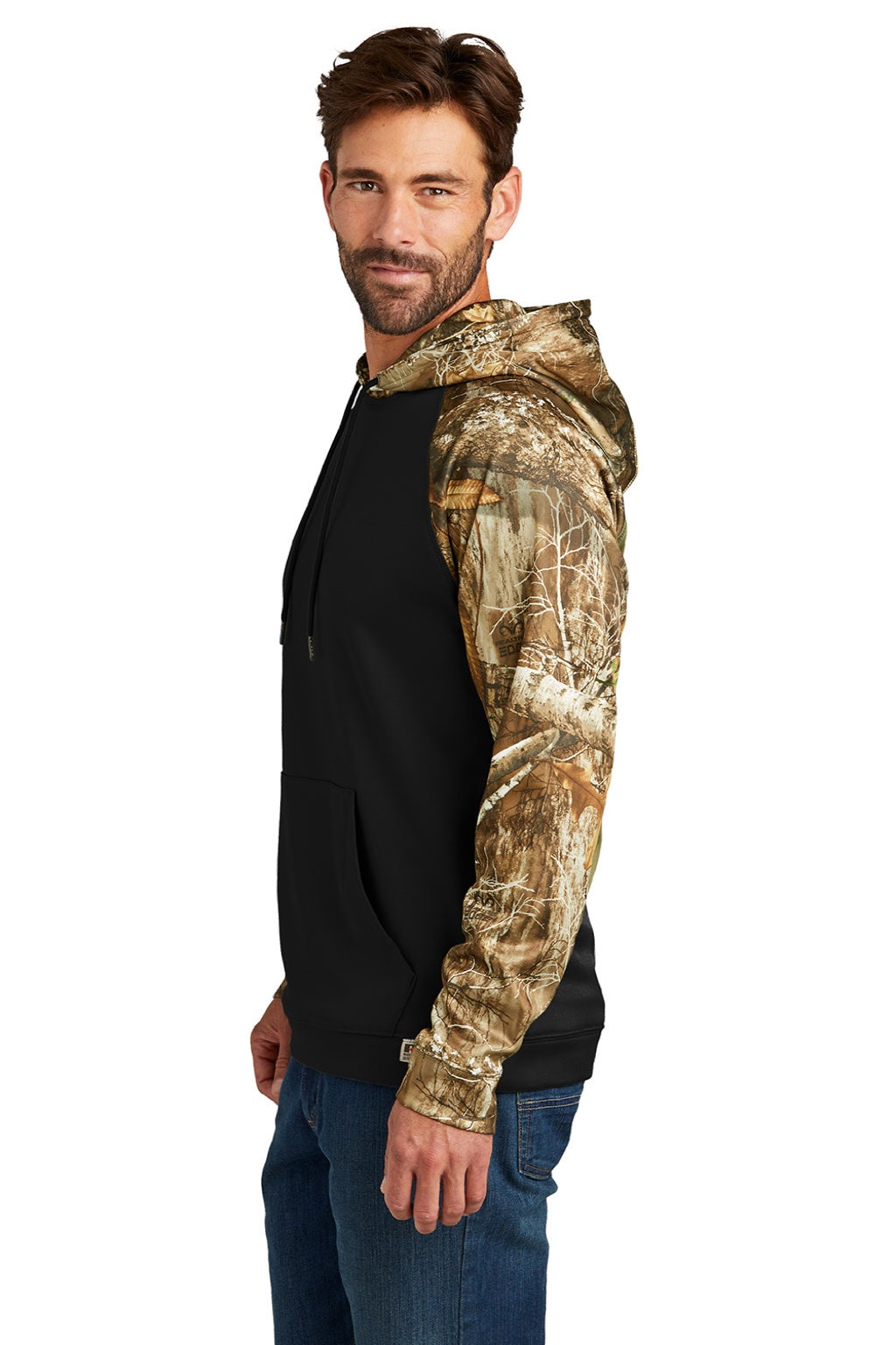 Russell Outdoors RU451 Mens Realtree Colorblock Moisture Wicking Hooded Sweatshirt Hoodie w/ Pouch Pocket Black/Realtree Edge Camo Model Side