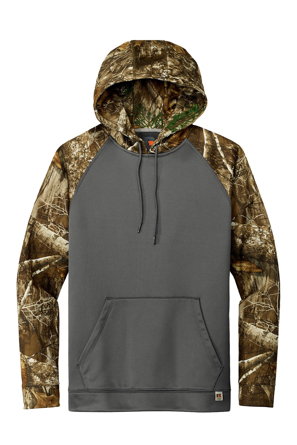 Russell Outdoors RU451 Mens Realtree Colorblock Moisture Wicking Hooded Sweatshirt Hoodie w/ Pouch Pocket Magnet Grey/Realtree Edge Camo Flat Front