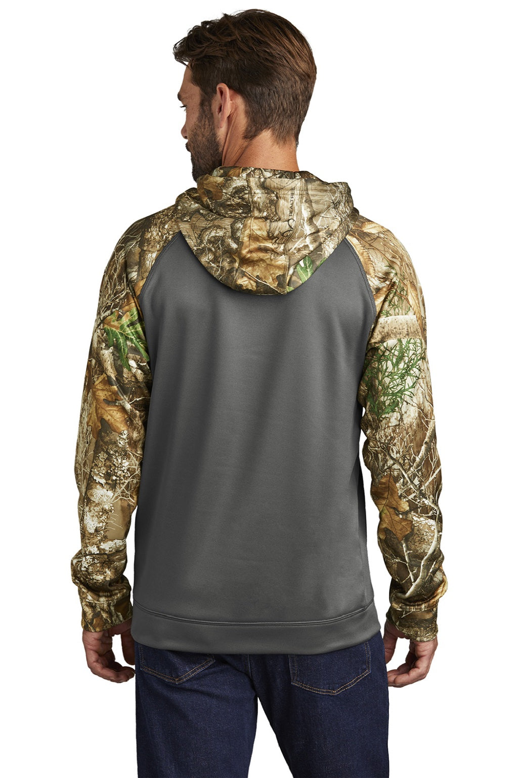 Russell Outdoors RU451 Mens Realtree Colorblock Moisture Wicking Hooded Sweatshirt Hoodie w/ Pouch Pocket Magnet Grey/Realtree Edge Camo Model Back